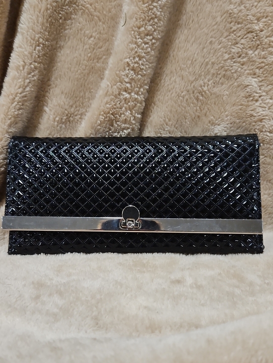 Handbags - Black Quilted Patent Clutch Wallet with Silver Frame